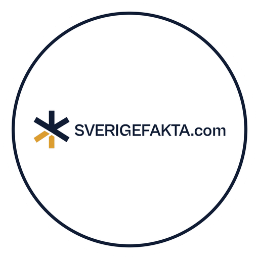 Rund sticker med vit bakgrund, marinblå ring och asterisk i guld och vitt samt texten SVERIGEFAKTA.com. 512 pixlar.