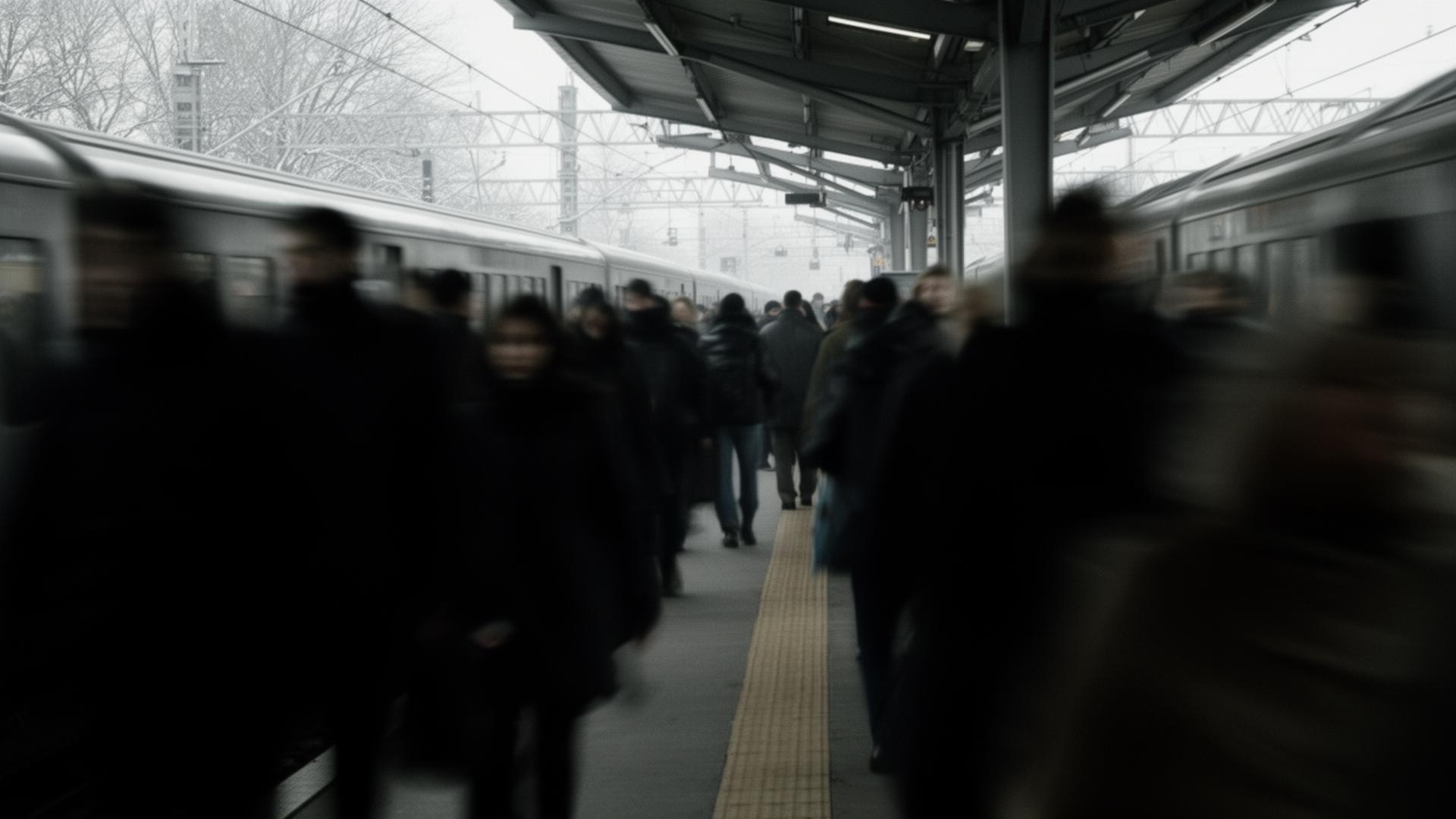 Anonym folkmängd på en perrong i vinterljus