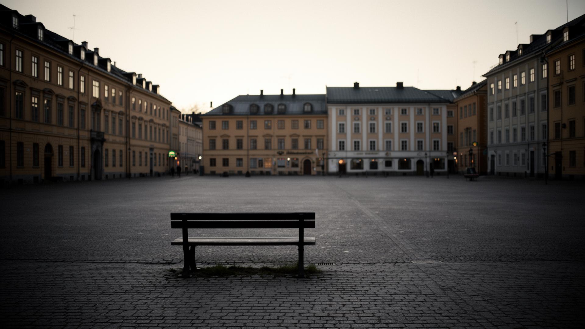 Tomt svenskt torg i gryning med en ensam parkbänk
