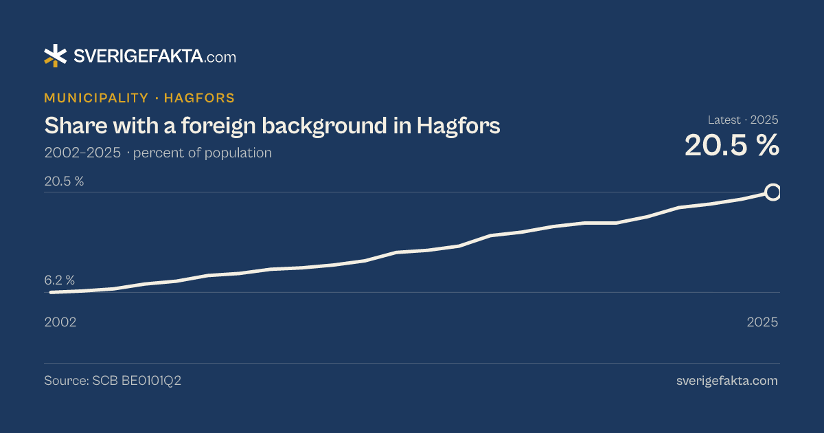 Line chart of share with a foreign background in Hagfors 2002–2025, from 6.2 % to 20.5 %. Source: SCB BE0101Q2.
