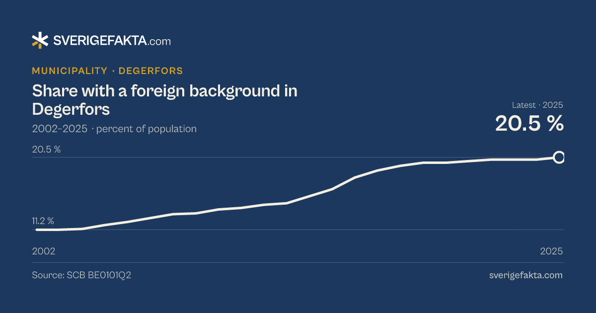 Line chart of share with a foreign background in Degerfors 2002–2025, from 11.2 % to 20.5 %. Source: SCB BE0101Q2.